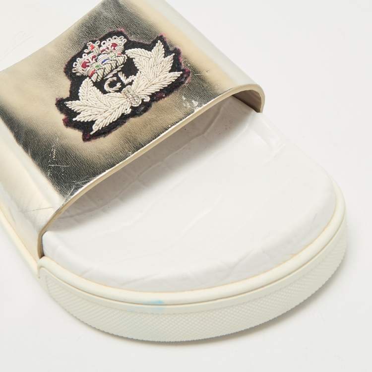 Pre Owned Christian Louboutin Silver Leather Crown Beau Slide Sandals Size 40