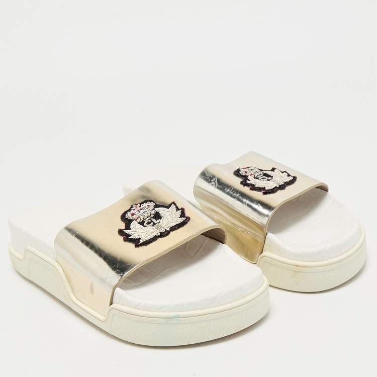 Pre Owned Christian Louboutin Silver Leather Crown Beau Slide Sandals Size 40