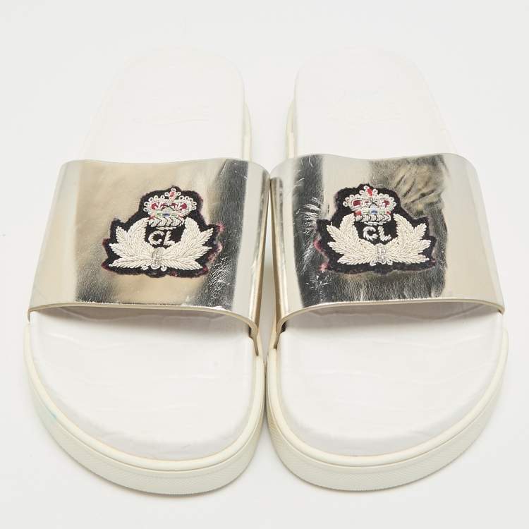 Pre Owned Christian Louboutin Silver Leather Crown Beau Slide Sandals Size 40