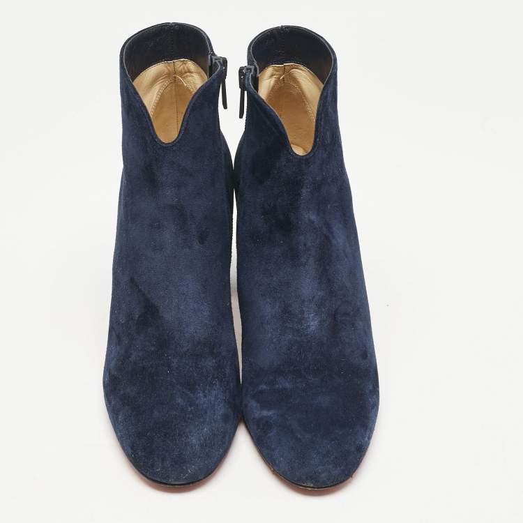 Pre Owned Christian Louboutin Navy Blue Suede Castarika Ankle Length Boots Size 38