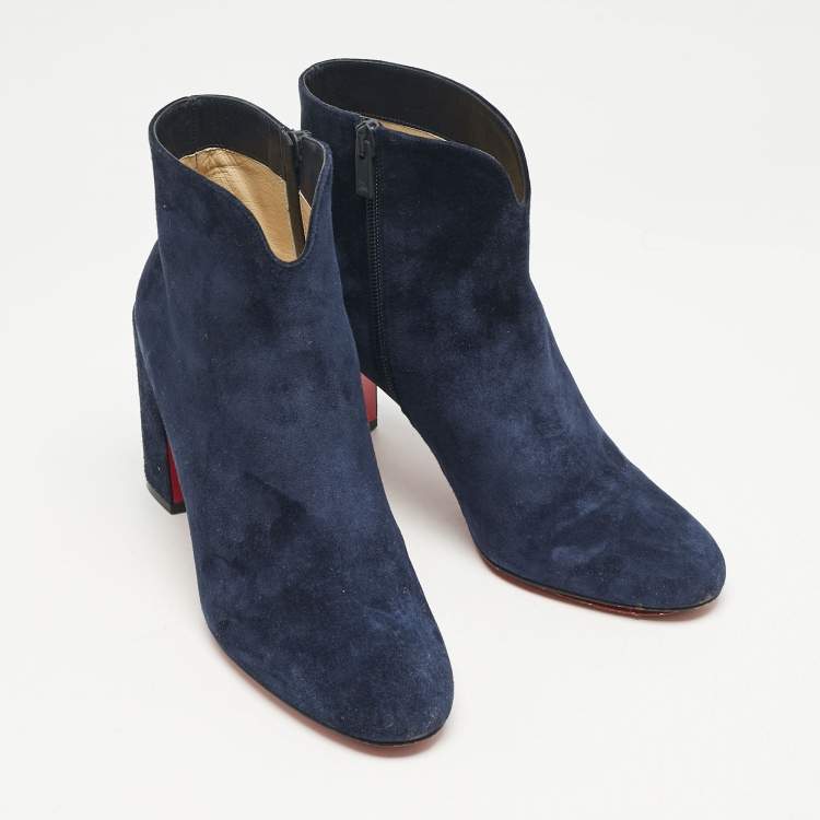 Pre Owned Christian Louboutin Navy Blue Suede Castarika Ankle Length Boots Size 38