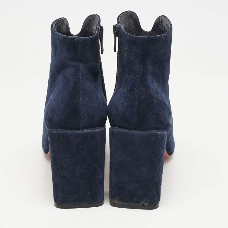 Pre Owned Christian Louboutin Navy Blue Suede Castarika Ankle Length Boots Size 38