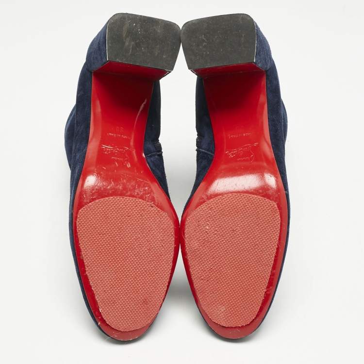 Pre Owned Christian Louboutin Navy Blue Suede Castarika Ankle Length Boots Size 38