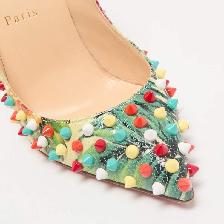 Pre Owned Christian Louboutin Multicolor Hawaiian Print Crackled Leather Follies Spikes Pumps Size 38