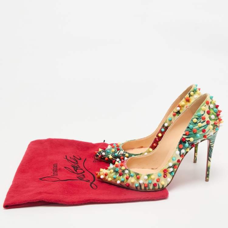 Pre Owned Christian Louboutin Multicolor Hawaiian Print Crackled Leather Follies Spikes Pumps Size 38