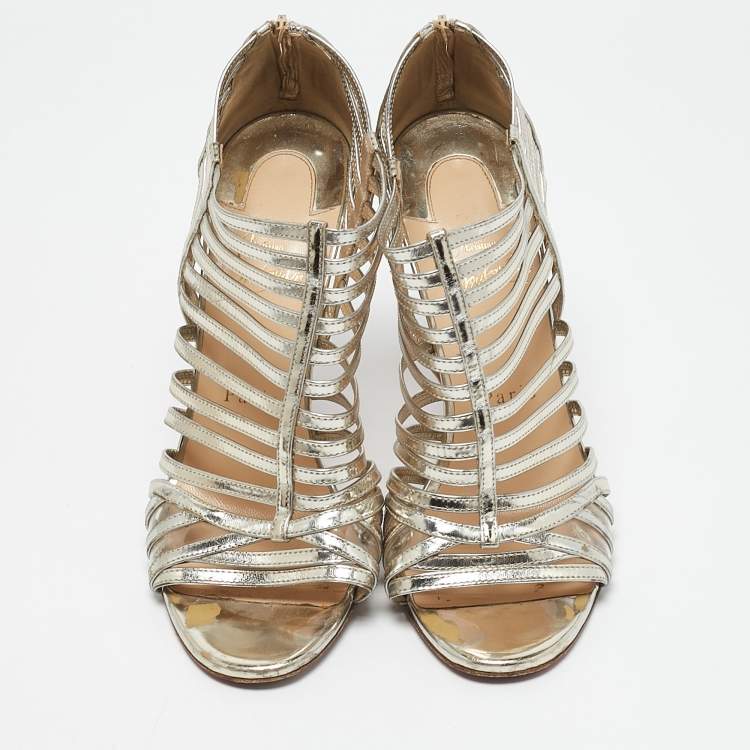 Pre Owned Christian Louboutin Light Gold Leather City Jolly Cage Sandals Size 38.5