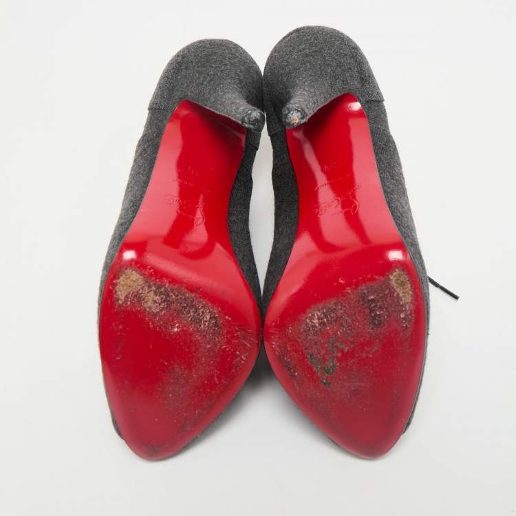 Pre Owned Christian Louboutin Dark Grey Fabric Flannel Lady Peep Toe Lace Up Booties Size 38.5