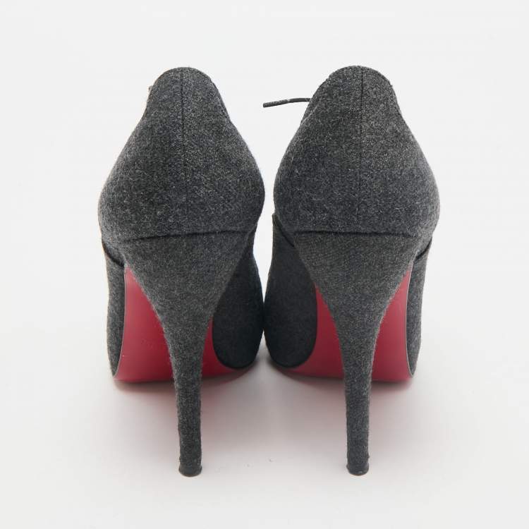 Pre Owned Christian Louboutin Dark Grey Fabric Flannel Lady Peep Toe Lace Up Booties Size 38.5