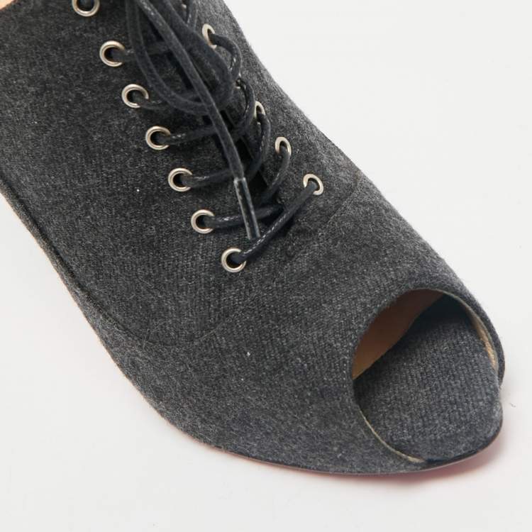Pre Owned Christian Louboutin Dark Grey Fabric Flannel Lady Peep Toe Lace Up Booties Size 38.5