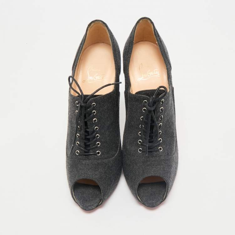 Pre Owned Christian Louboutin Dark Grey Fabric Flannel Lady Peep Toe Lace Up Booties Size 38.5