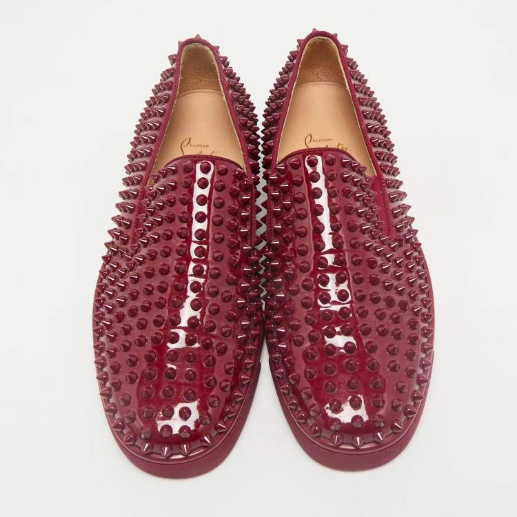 Pre Owned Christian Louboutin Dark Red Patent Leather Roller Boat Slip On Sneakers Size 40