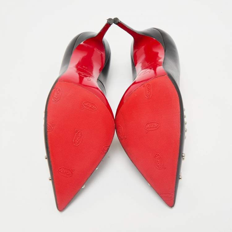 Pre Owned Christian Louboutin Black Leather Door Knock Studded Pumps Size 38