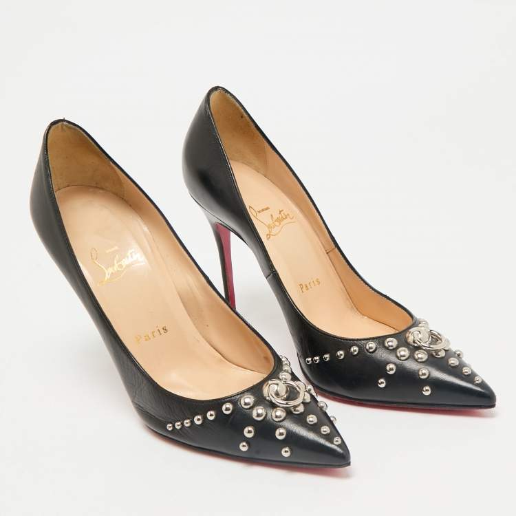 Pre Owned Christian Louboutin Black Leather Door Knock Studded Pumps Size 38