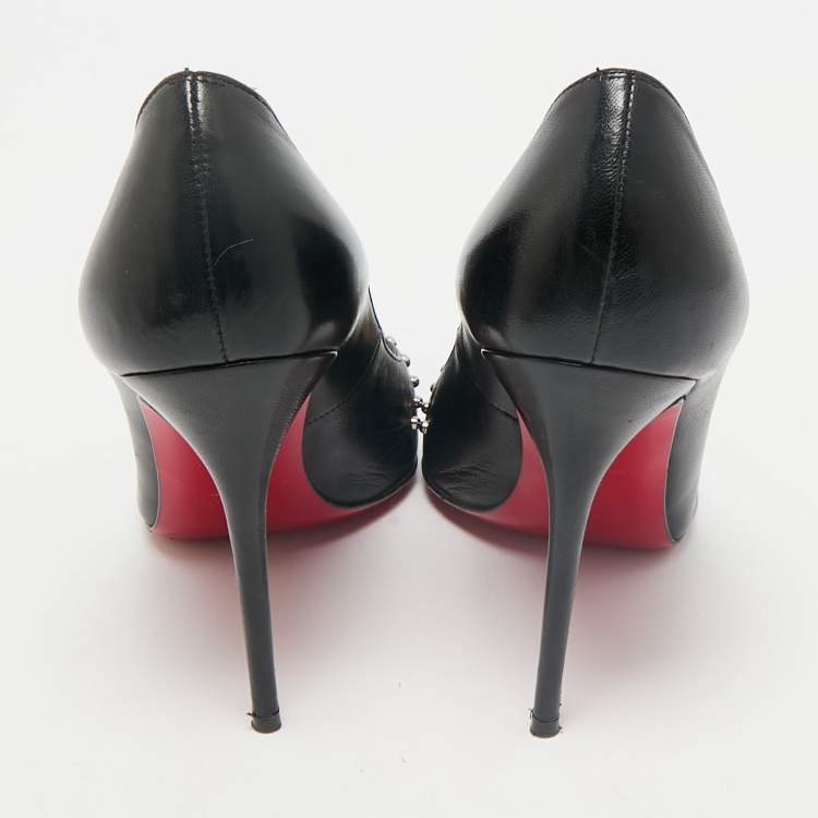 Pre Owned Christian Louboutin Black Leather Door Knock Studded Pumps Size 38