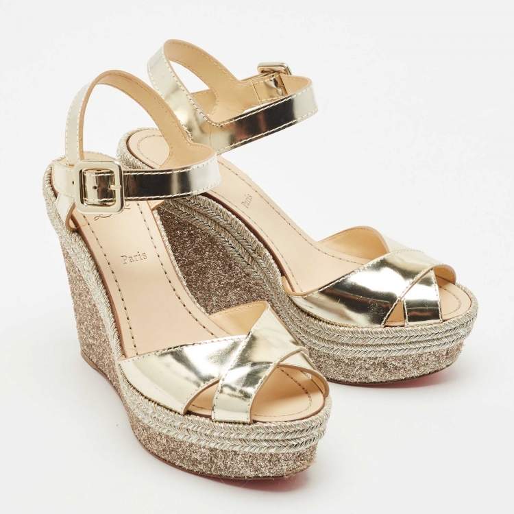 Pre Owned Christian Louboutin Gold Leather Almeria Espadrille Wedge Sandals Size 37