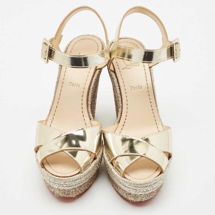 Pre Owned Christian Louboutin Gold Leather Almeria Espadrille Wedge Sandals Size 37