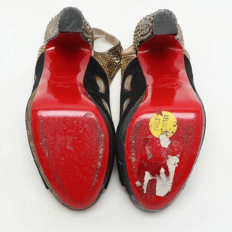 مملوكة مسبقًا Christian Louboutin Black/Golden Suede And Mesh Miralep Platform Sandals Size 37