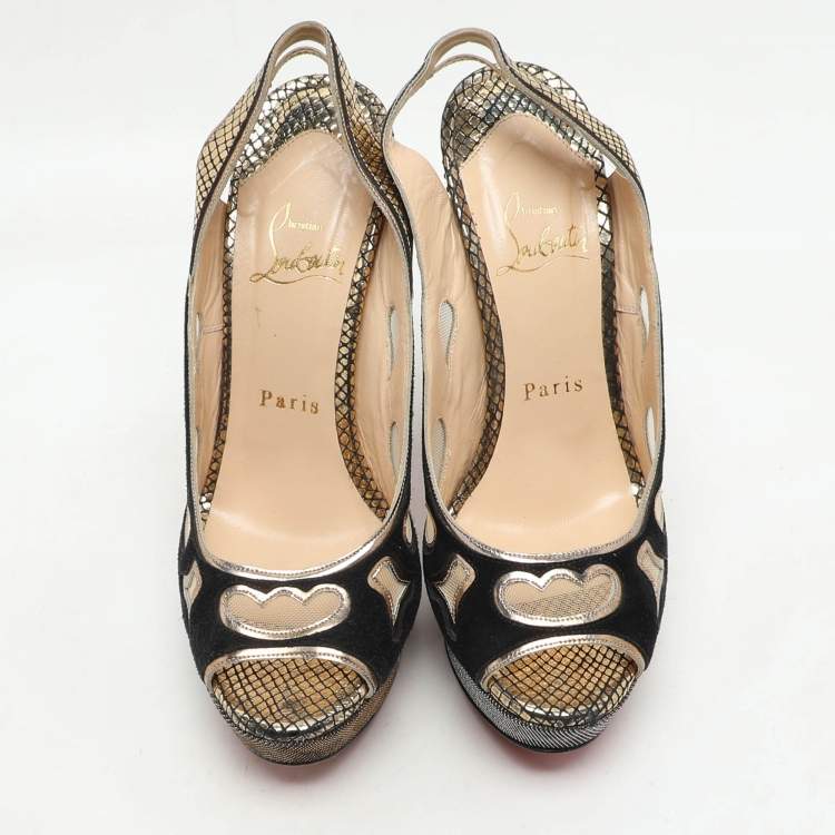 مملوكة مسبقًا Christian Louboutin Black/Golden Suede And Mesh Miralep Platform Sandals Size 37