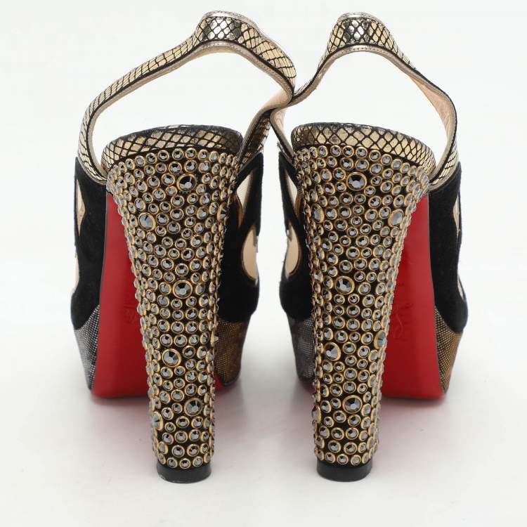 مملوكة مسبقًا Christian Louboutin Black/Golden Suede And Mesh Miralep Platform Sandals Size 37