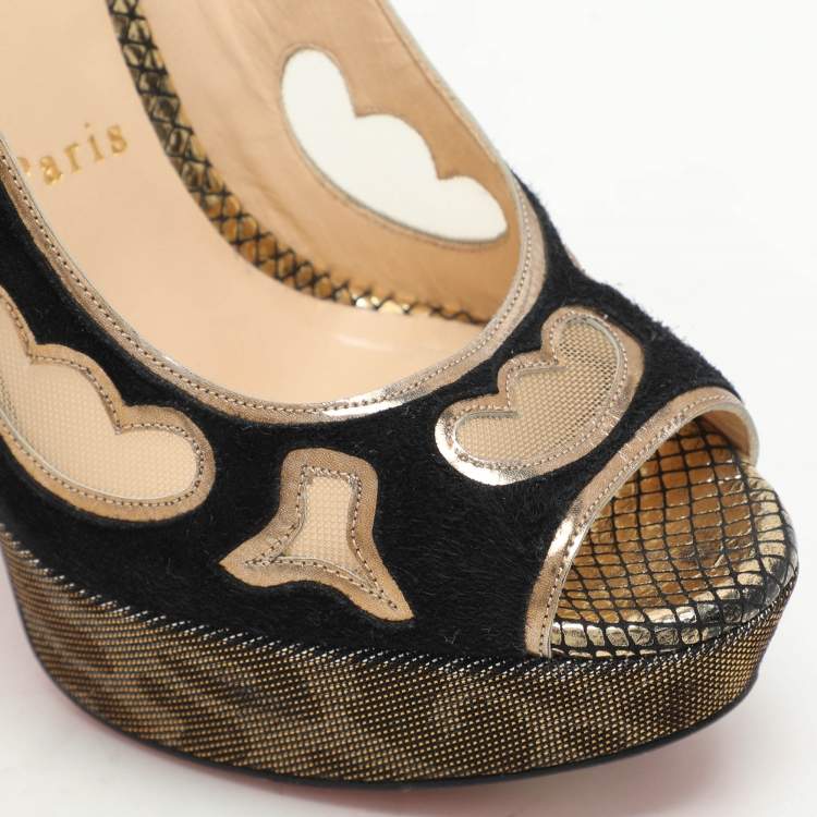 مملوكة مسبقًا Christian Louboutin Black/Golden Suede And Mesh Miralep Platform Sandals Size 37