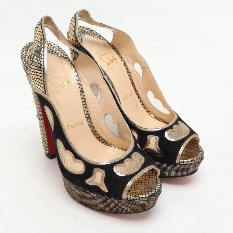 مملوكة مسبقًا Christian Louboutin Black/Golden Suede And Mesh Miralep Platform Sandals Size 37