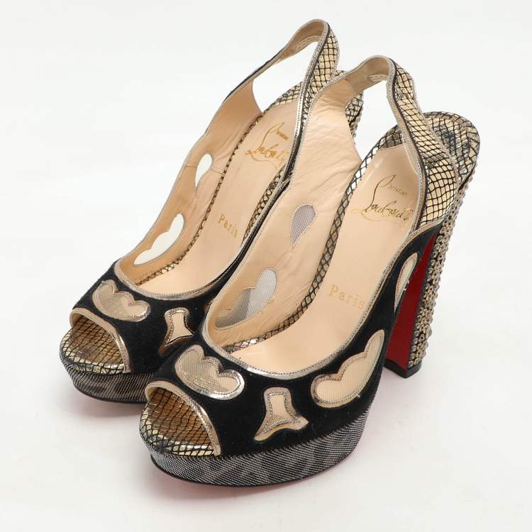 مملوكة مسبقًا Christian Louboutin Black/Golden Suede And Mesh Miralep Platform Sandals Size 37