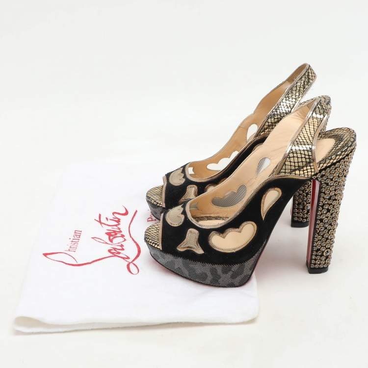 مملوكة مسبقًا Christian Louboutin Black/Golden Suede And Mesh Miralep Platform Sandals Size 37
