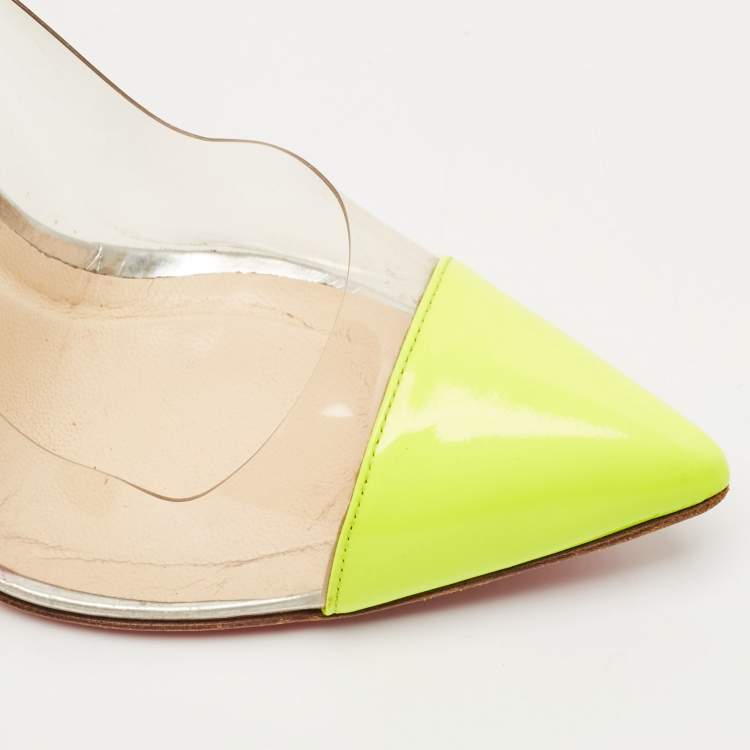 Pre Owned Christian Louboutin Neon Green Patent Leather and PVC Un Bout Rond Pumps Size 38.5