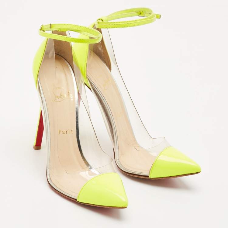 Pre Owned Christian Louboutin Neon Green Patent Leather and PVC Un Bout Rond Pumps Size 38.5
