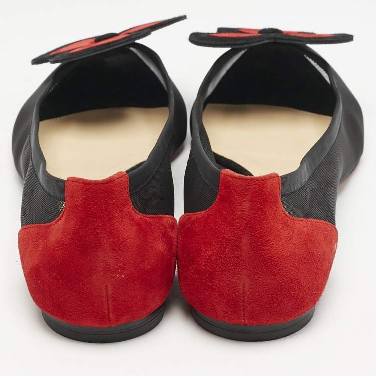 Pre Owned Christian Louboutin Black/Red Suede and Mesh Pansy Ballet Flats Size 40