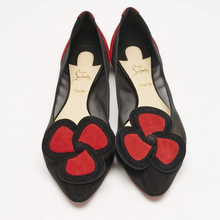 Pre Owned Christian Louboutin Black/Red Suede and Mesh Pansy Ballet Flats Size 40