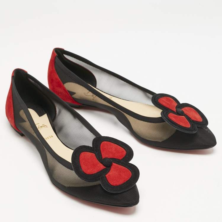 Pre Owned Christian Louboutin Black/Red Suede and Mesh Pansy Ballet Flats Size 40