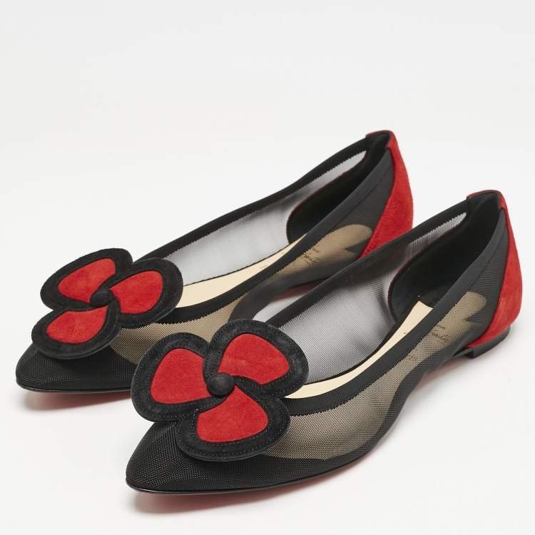 Pre Owned Christian Louboutin Black/Red Suede and Mesh Pansy Ballet Flats Size 40