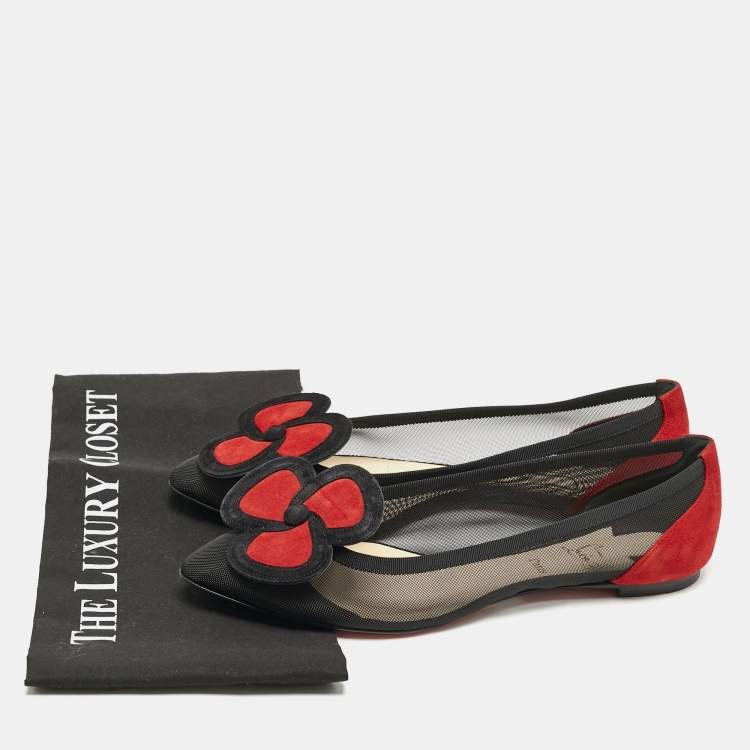Pre Owned Christian Louboutin Black/Red Suede and Mesh Pansy Ballet Flats Size 40