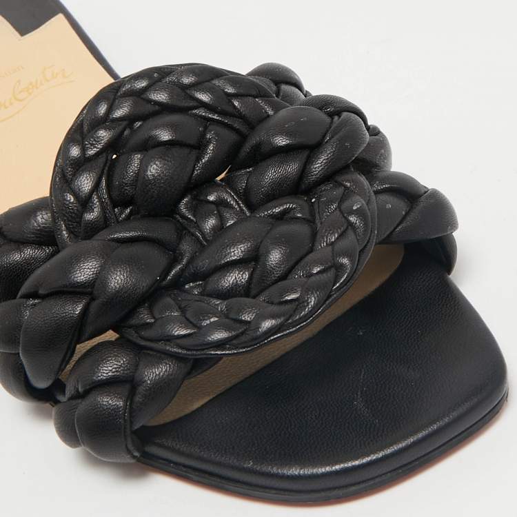Pre Owned Christian Louboutin Black Woven Leather Marmella  Flat Slides Size 36
