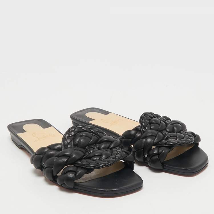 Pre Owned Christian Louboutin Black Woven Leather Marmella  Flat Slides Size 36