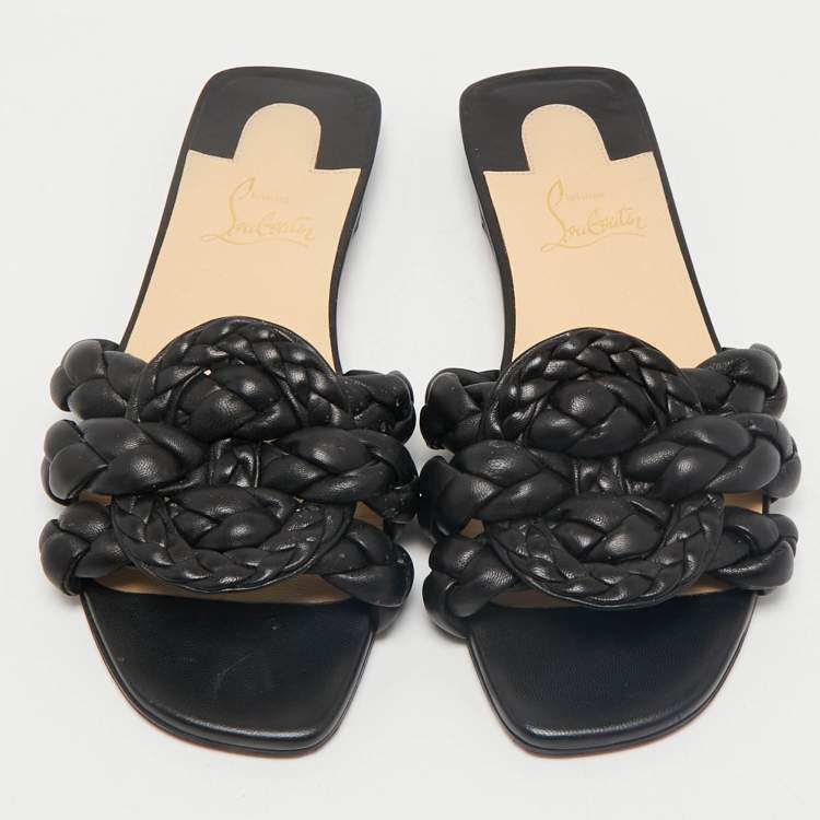 Pre Owned Christian Louboutin Black Woven Leather Marmella  Flat Slides Size 36