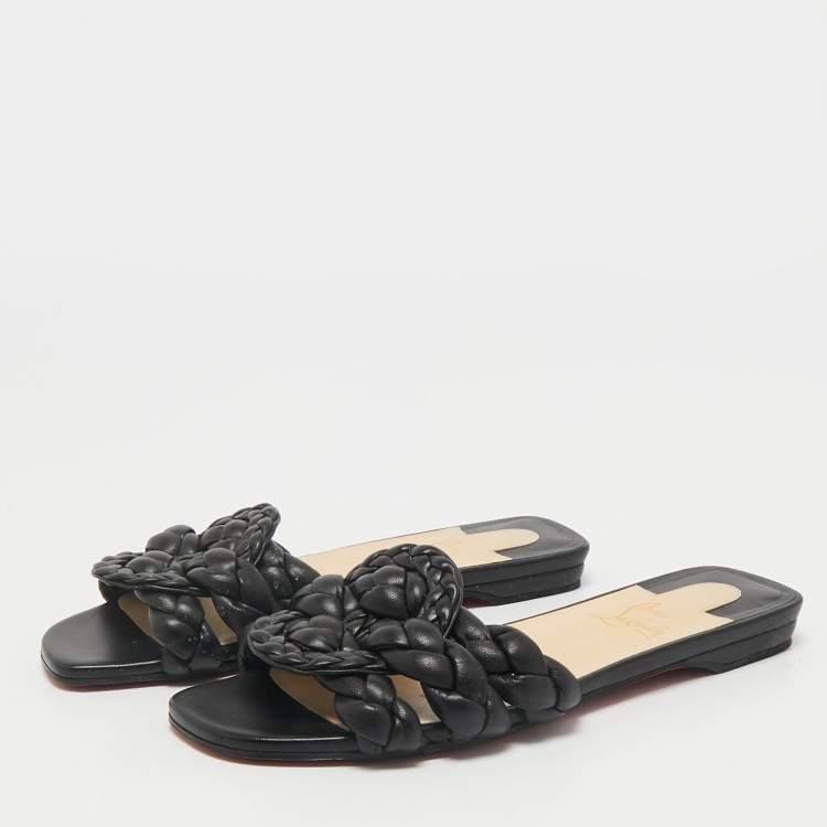 Pre Owned Christian Louboutin Black Woven Leather Marmella  Flat Slides Size 36