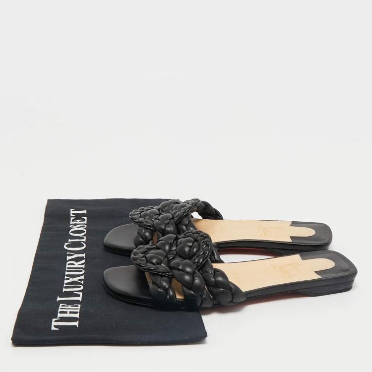Pre Owned Christian Louboutin Black Woven Leather Marmella  Flat Slides Size 36