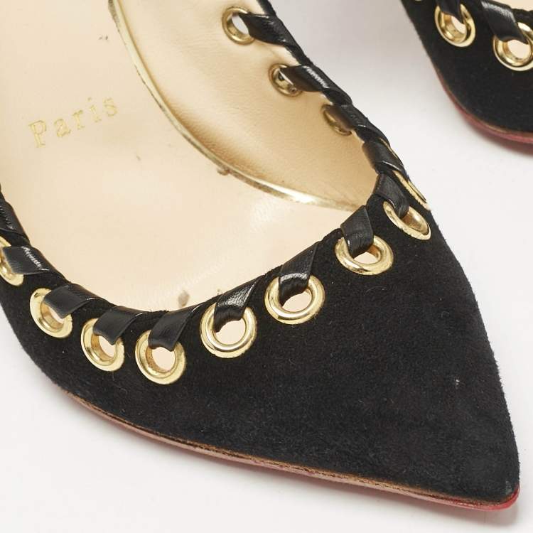 Pre Owned Christian Louboutin Black Leather and Suede Ostri Pumps Size 38.5