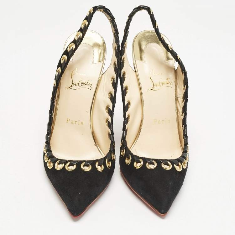 Pre Owned Christian Louboutin Black Leather and Suede Ostri Pumps Size 38.5