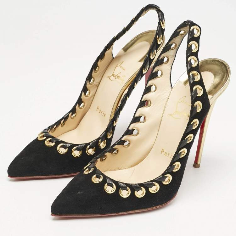 Pre Owned Christian Louboutin Black Leather and Suede Ostri Pumps Size 38.5
