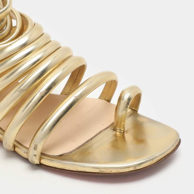 Pre Owned Christian Louboutin Gold Leather Catchetta Gladiator Sandals Size 36.5