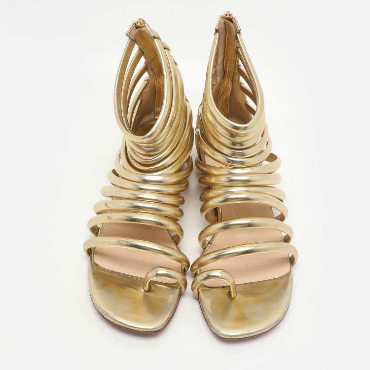 Pre Owned Christian Louboutin Gold Leather Catchetta Gladiator Sandals Size 36.5