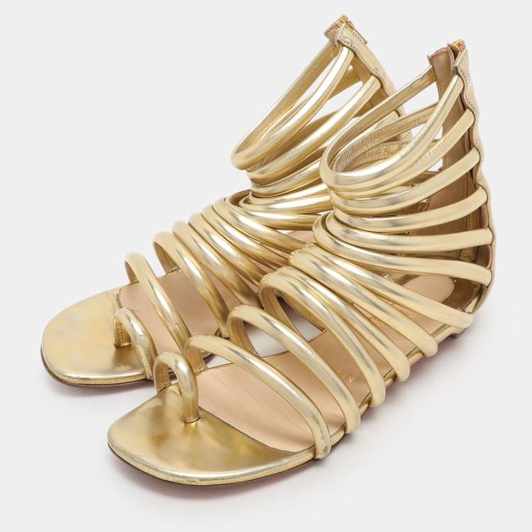 Pre Owned Christian Louboutin Gold Leather Catchetta Gladiator Sandals Size 36.5
