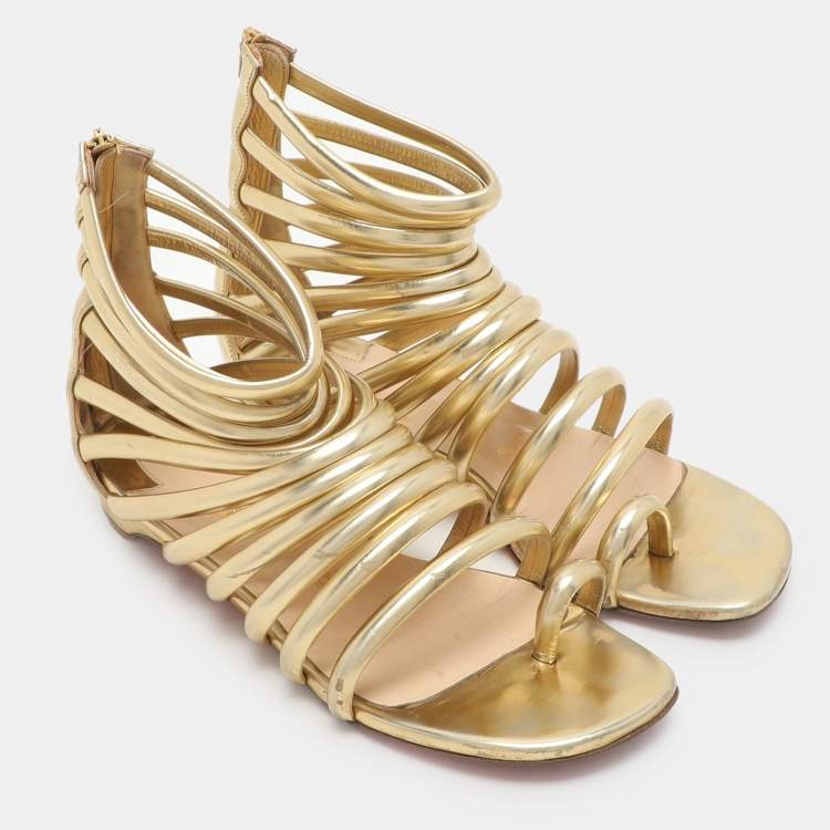 Pre Owned Christian Louboutin Gold Leather Catchetta Gladiator Sandals Size 36.5