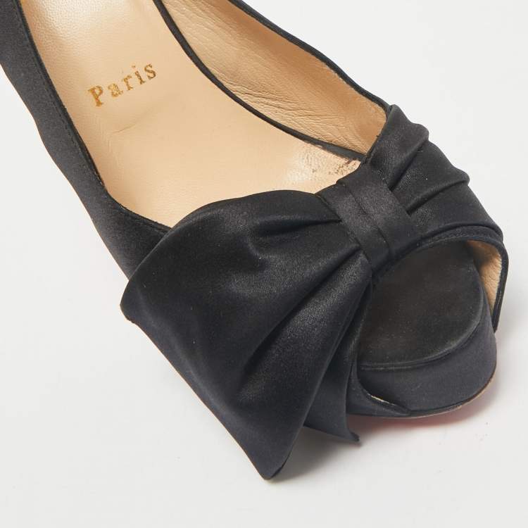 Pre Owned Christian Louboutin Black Satin Bow Peep Toe Platform Slingback Pumps Size 39.5