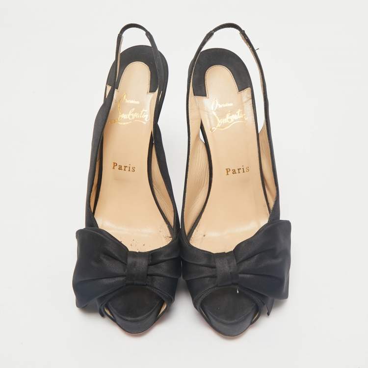 Pre Owned Christian Louboutin Black Satin Bow Peep Toe Platform Slingback Pumps Size 39.5