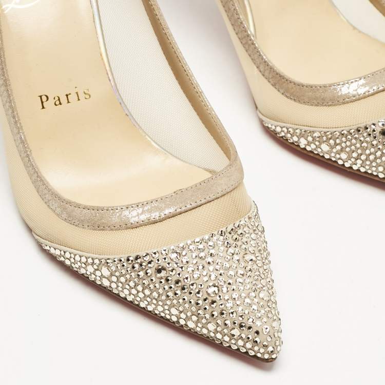 Pre Owned Christian Louboutin Beige Mesh and Suede Galativi Follies Strass Pumps Size 36