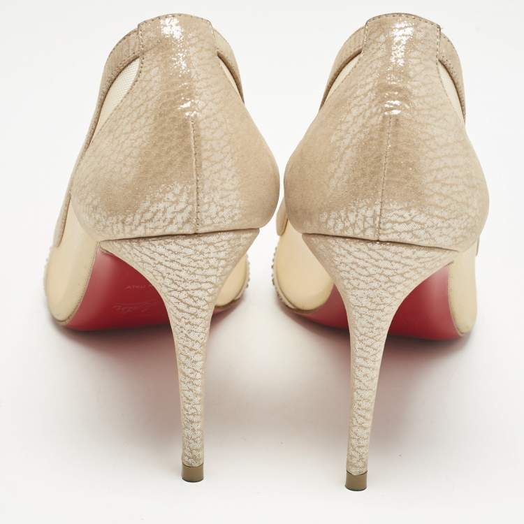 Pre Owned Christian Louboutin Beige Mesh and Suede Galativi Follies Strass Pumps Size 36